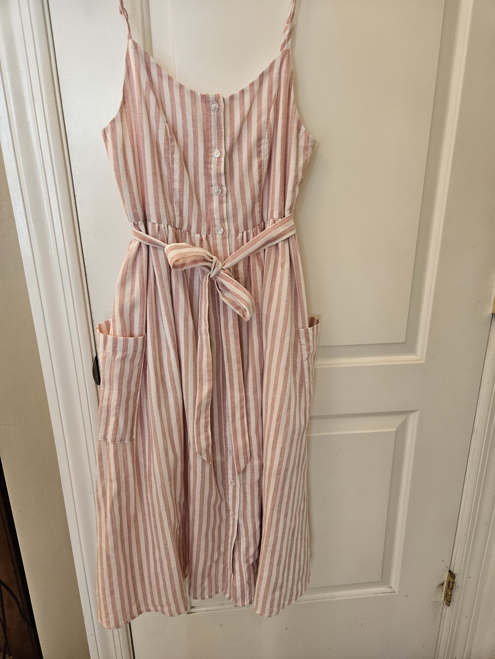 Mod Ref Pink and White Striped Midi Dress with Tie Waist